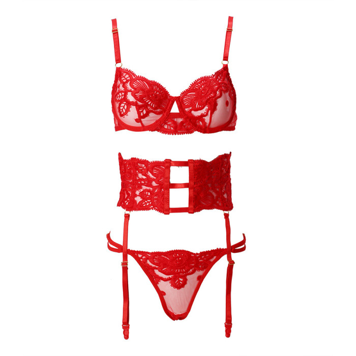Red Sexy Floral Lace Garter Sexy Bra Set