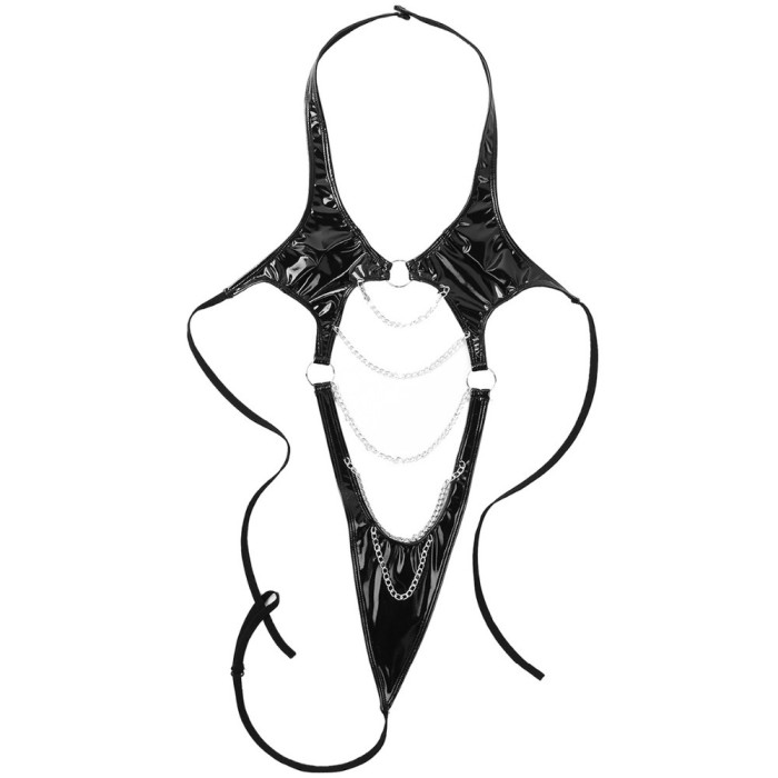 Women's One-piece Neck Hanging Patent Leather Hollow Underwear