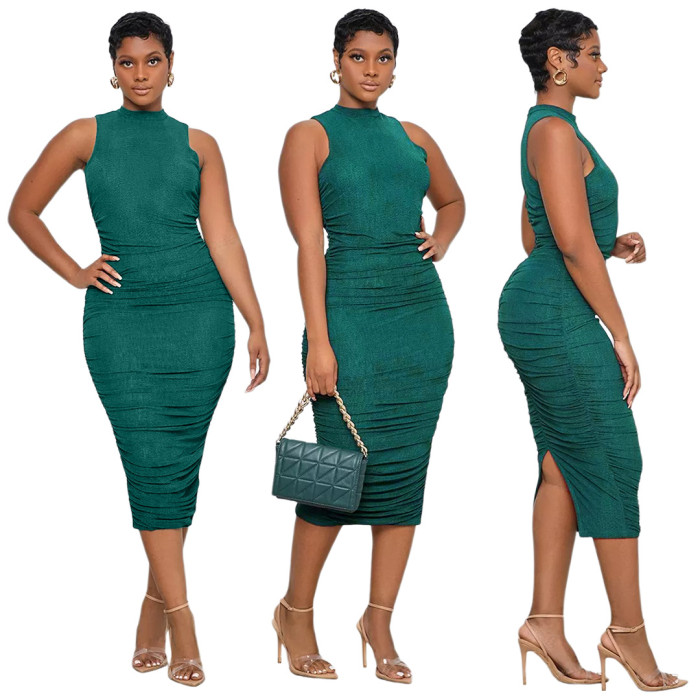 Green Sexy O-Neck Sleeveless Solid Ruffles Midi Dress