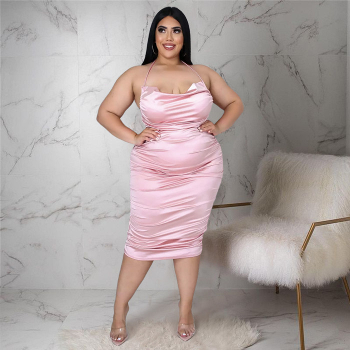 Plus Size Neck Strap Pleated Zipper Midi Dress