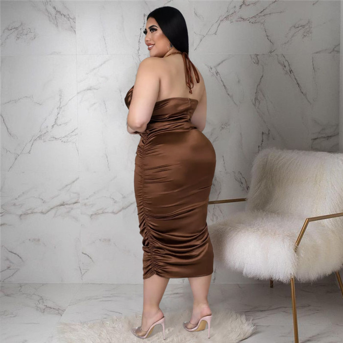 Plus Size Neck Strap Pleated Zipper Midi Dress