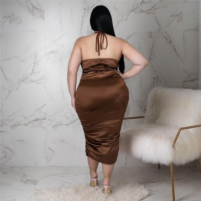 Plus Size Neck Strap Pleated Zipper Midi Dress