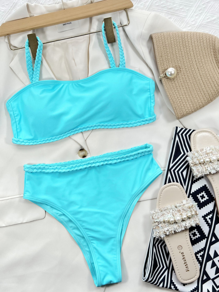 Women Blue Bikini Bandeau Solid Two Piece Swimwear