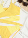 Color Blocking Thick Pit Strip Cross Strap High Waist Bikini Swimsuit
