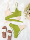 Color Blocking Thick Pit Strip Cross Strap High Waist Bikini Swimsuit