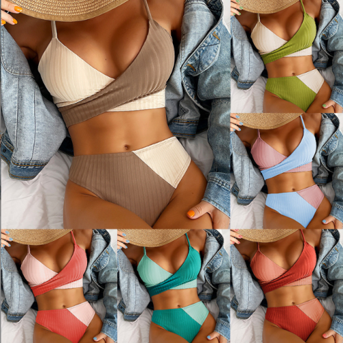Color Blocking Thick Pit Strip Cross Strap High Waist Bikini Swimsuit