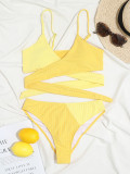 Color Blocking Thick Pit Strip Cross Strap High Waist Bikini Swimsuit