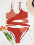 Color Blocking Thick Pit Strip Cross Strap High Waist Bikini Swimsuit