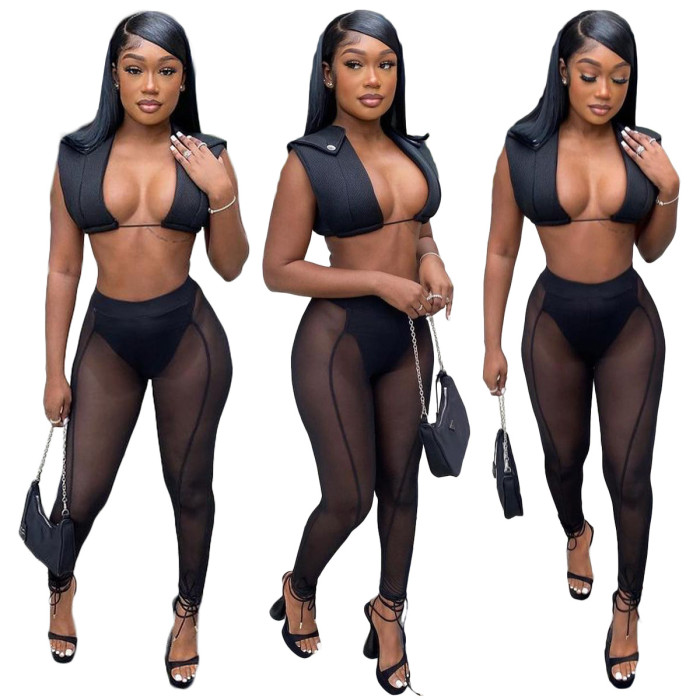 Black Sexy Square Neck Sleeveless High Waist Solid Mesh See Through Skinny Two Piece Pants Set