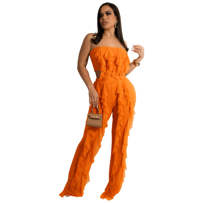 Vintage Strapless Sleeveless High Waist Solid Mesh Ruffles Loose Two Piece Pants Set