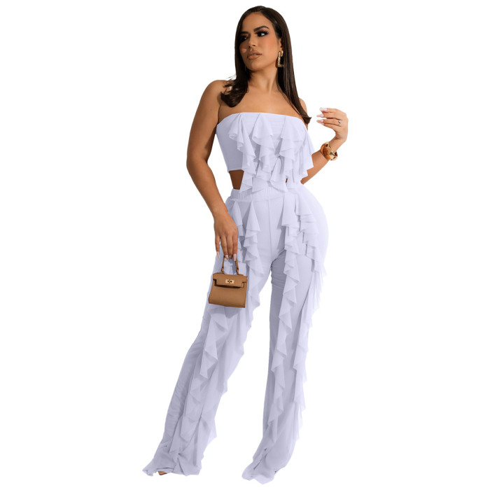 Vintage Strapless Sleeveless High Waist Solid Mesh Ruffles Loose Two Piece Pants Set
