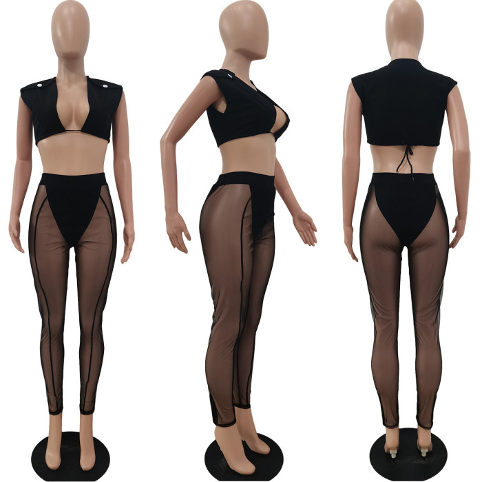 Black Sexy Square Neck Sleeveless High Waist Solid Mesh See Through Skinny Two Piece Pants Set