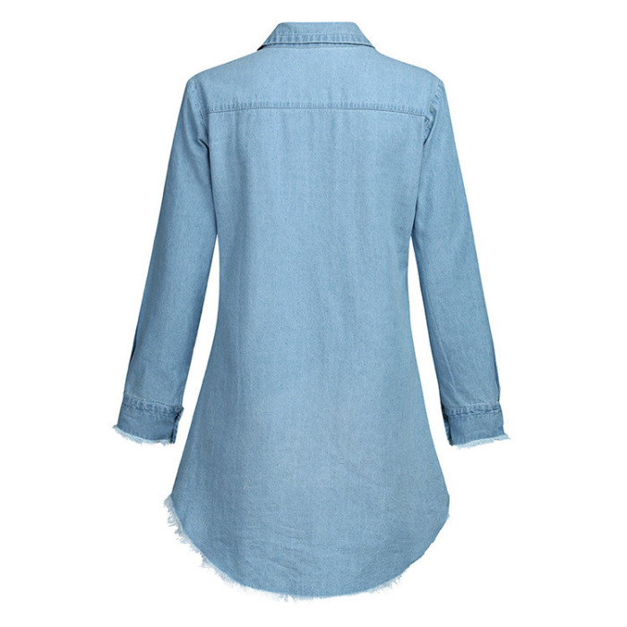 Women Denim Shirt Dresses Long Sleeve Distressed Jean Dress Button Down Casual Tunic Top
