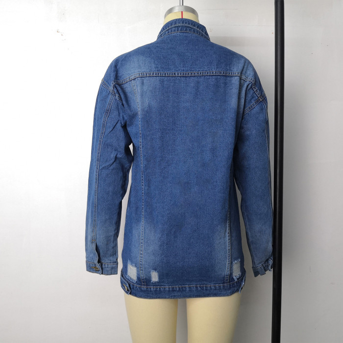 Long Denim Coat Women′ S Denim Jacket MID-Length Ripped Denim Plus Size 3XL Coat