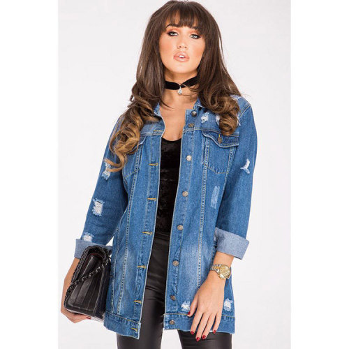 Long Denim Coat Women′ S Denim Jacket MID-Length Ripped Denim Plus Size 3XL Coat