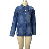 Long Denim Coat Women′ S Denim Jacket MID-Length Ripped Denim Plus Size 3XL Coat