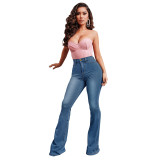 Women's High Rise Button Flare Raw Hem Denim Wide Leg Jeans
