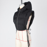 Women Black Open Side Stand Collar Sleeveless Puffer Jacket
