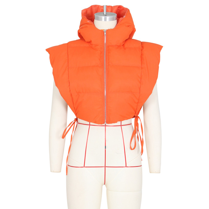 Women Orange Open Side Stand Collar Sleeveless Puffer Jacket