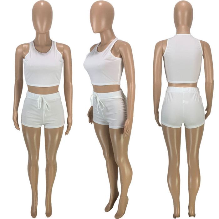 Thread Solid Color Waistless Slim Vest Short Pants 2 Piece Set