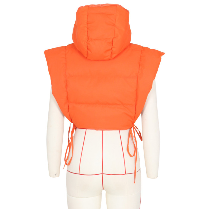 Women Orange Open Side Stand Collar Sleeveless Puffer Jacket