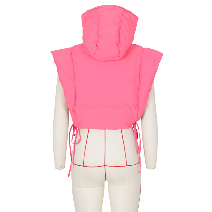 Women Pink Open Side Stand Collar Sleeveless Puffer Jacket