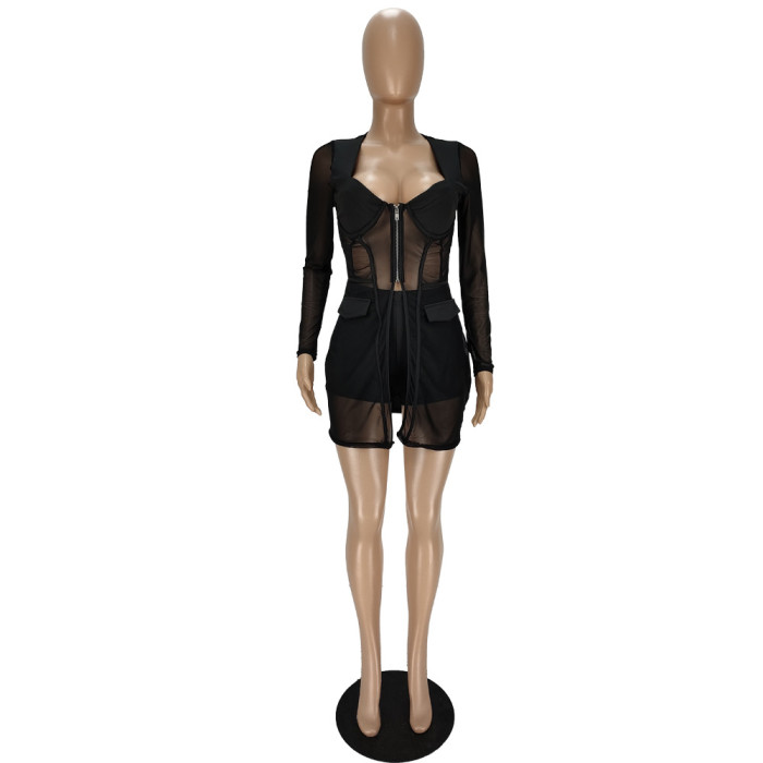 Mesh Perspective Stitched Zipper Shorts Two-piece Set