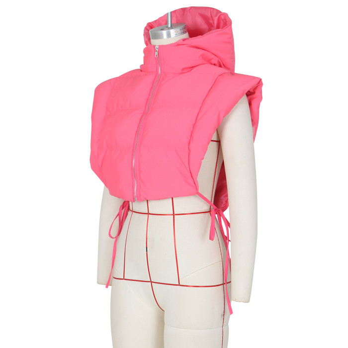 Women Pink Open Side Stand Collar Sleeveless Puffer Jacket