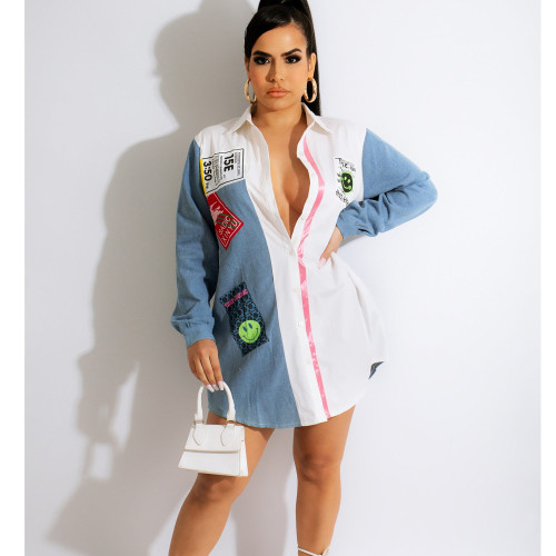 Women's Casual Denim Stitching Midi Shirt Dress