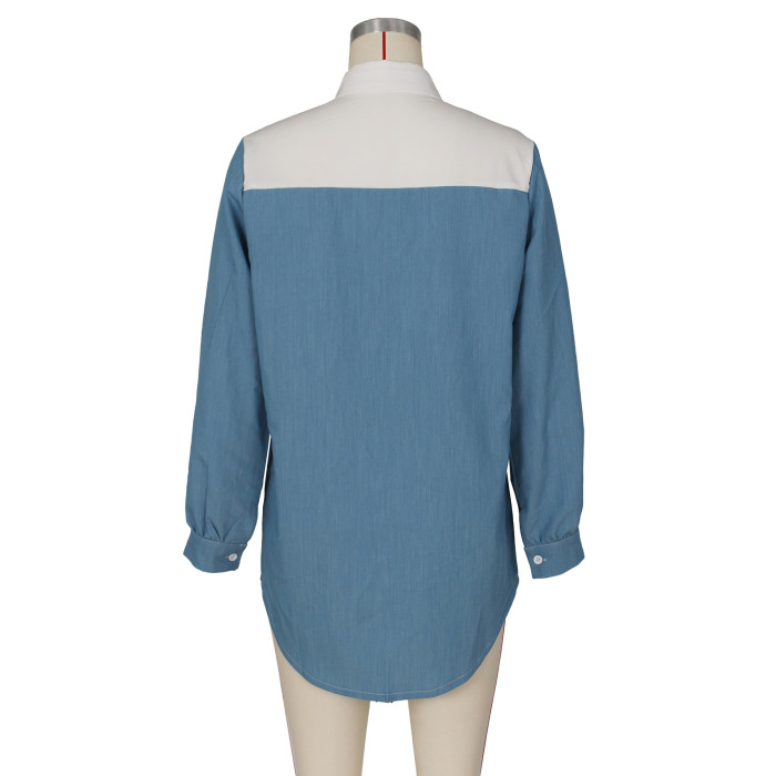 Women's Casual Denim Stitching Midi Shirt Dress