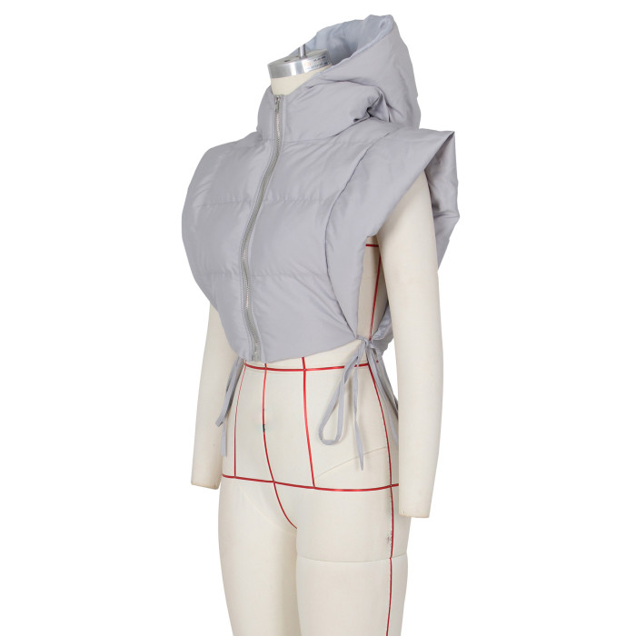 Women Gray Open Side Stand Collar Sleeveless Puffer Jacket