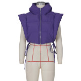 Women Purple Open Side Stand Collar Sleeveless Puffer Jacket