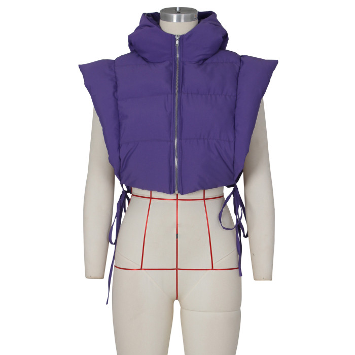 Women Purple Open Side Stand Collar Sleeveless Puffer Jacket