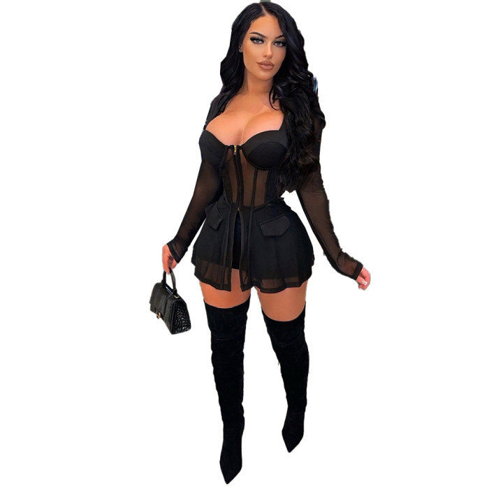 Mesh Perspective Stitched Zipper Shorts Two-piece Set