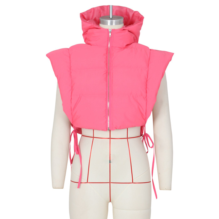 Women Pink Open Side Stand Collar Sleeveless Puffer Jacket