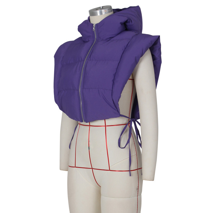 Women Purple Open Side Stand Collar Sleeveless Puffer Jacket