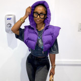Women Purple Open Side Stand Collar Sleeveless Puffer Jacket