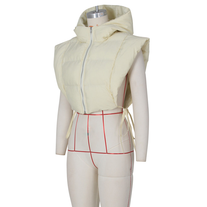 Women Beige Open Side Stand Collar Sleeveless Puffer Jacket