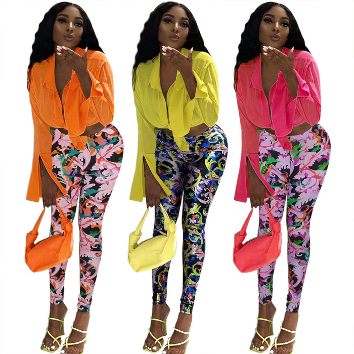 Spring and Summer Women's Long Sleeved Shirt and Printed Trousers Two-piece Set