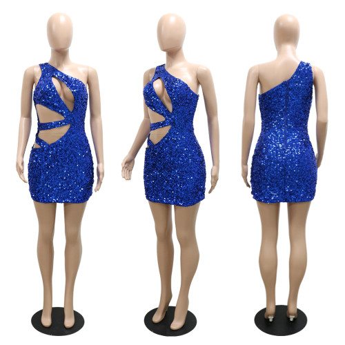 Sequins One Shoulder Hollow Out Sleeveless Slim Night Club Dress