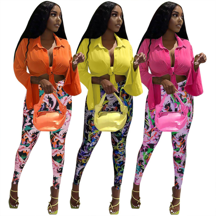 Spring and Summer Women's Long Sleeved Shirt and Printed Trousers Two-piece Set
