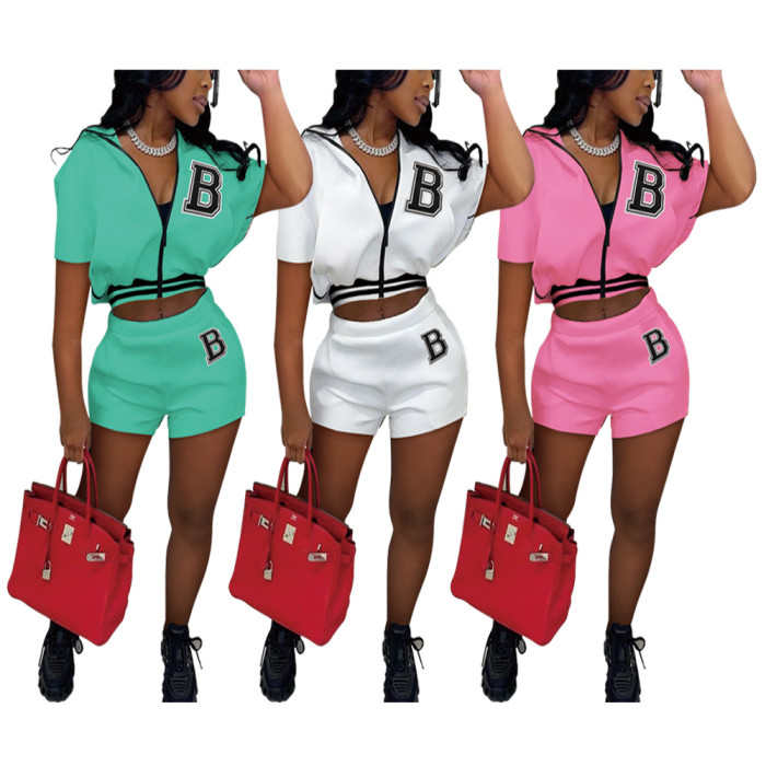 Letter Print Zipper Crop Top And Shorts Wholesale Two Piece Short Set