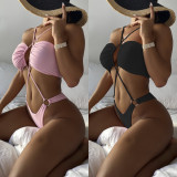 Pink One-Piece Metal Rings Halter Swimwear