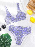 V-neck Floral Print Bikini High Waist Split Swimsuit