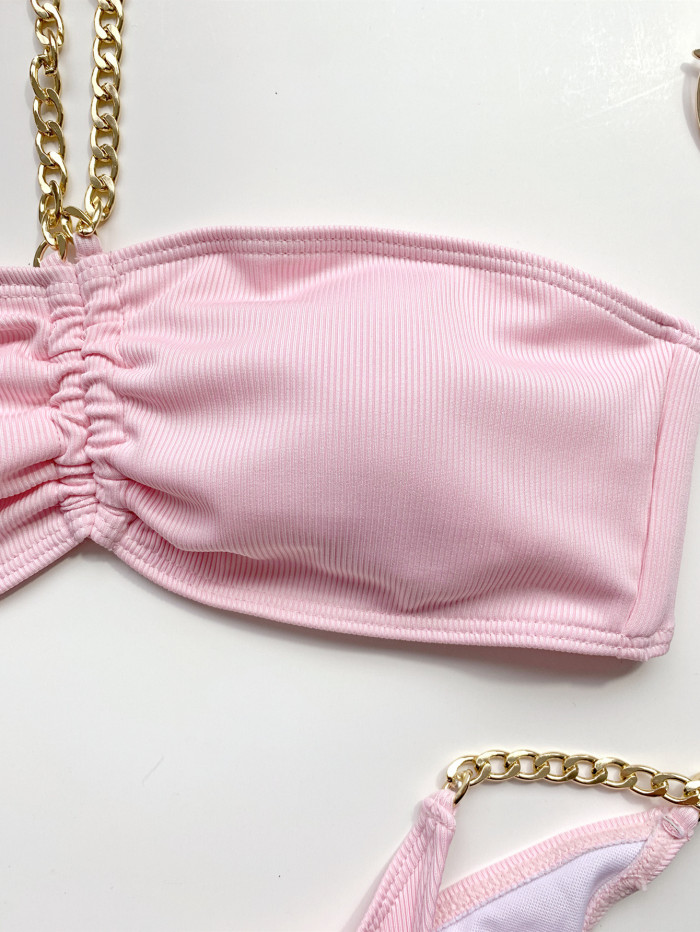 Two-Piece Pink Chains Halter Swimwear