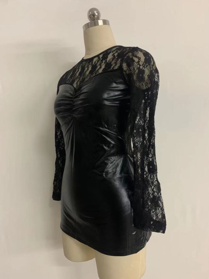 Lacy Stitched Pu Leather Nightclub Dress