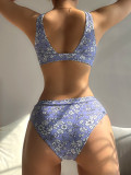 V-neck Floral Print Bikini High Waist Split Swimsuit