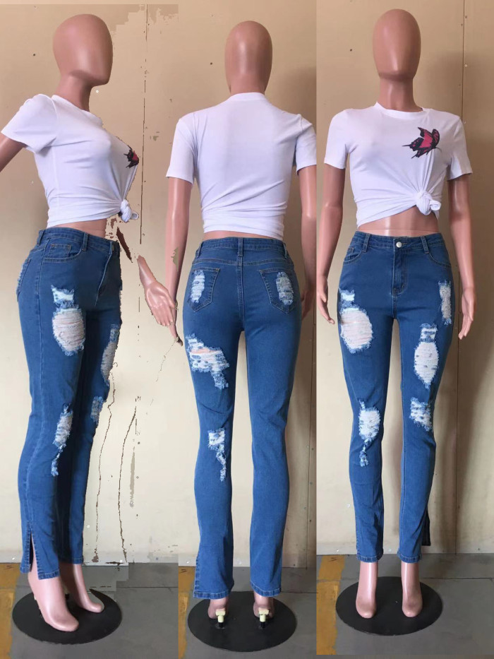 Blue Low Waist Solid Ripped Full Length Skinny Jeans Pants