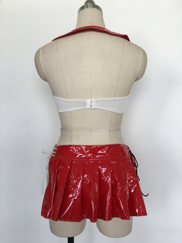 Red Patent Leather Skirt and White Low Cut Top Uniform Suit