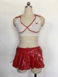 Red Patent Leather Skirt and White Low Cut Top Uniform Suit